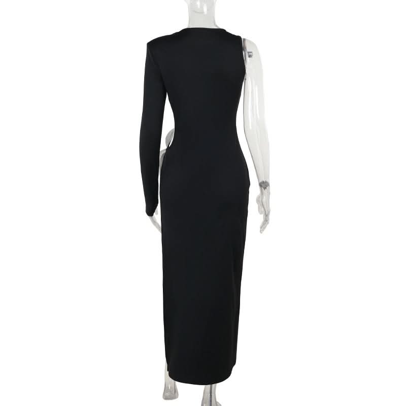 Fall & Holiday Statement: Asymmetrical Black Maxi Dress with 3D Floral Appliqué & High Slit