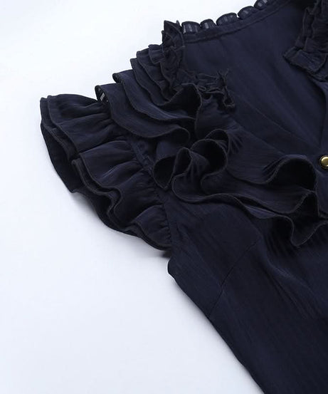 Victorian Romance Midnight Velvet Ruffle Blouse - Dark Academia Fall Statement Top