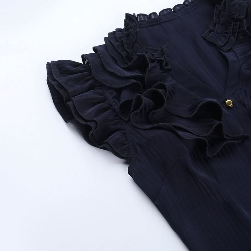 Victorian Romance Midnight Velvet Ruffle Blouse - Dark Academia Fall Statement Top