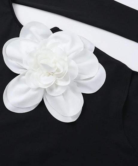 Fall & Holiday Statement: Asymmetrical Black Maxi Dress with 3D Floral Appliqué & High Slit