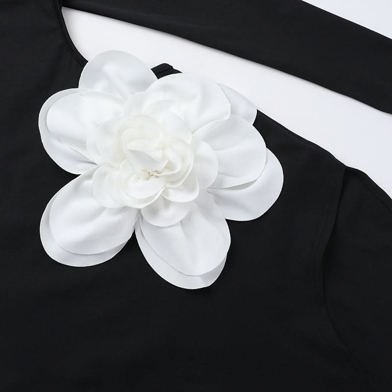 Fall & Holiday Statement: Asymmetrical Black Maxi Dress with 3D Floral Appliqué & High Slit