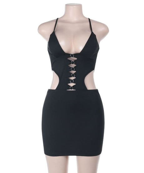 Sultry Black O-Ring Cut-Out Bodycon Mini Dress - Fall Night Out & Halloween Party Ready