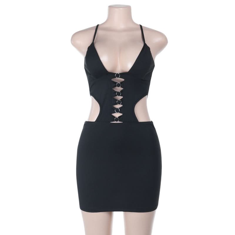 Sultry Black O-Ring Cut-Out Bodycon Mini Dress - Fall Night Out & Halloween Party Ready