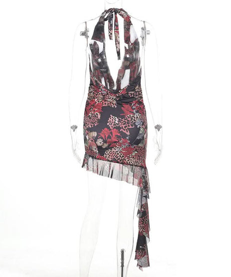 Head-Turning Autumn Allure: Leopard Floral Asymmetrical Halter Mini Dress with Deep V