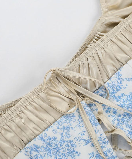 Romantic Blue Toile Print Corset Top - Square Neck Lace-Up Bustier for Fall Chic