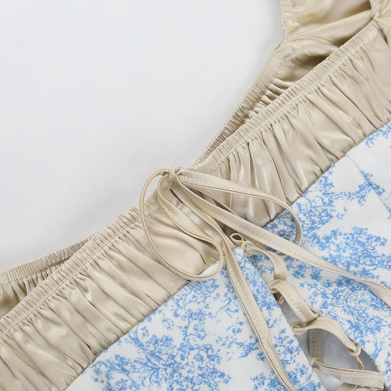Romantic Blue Toile Print Corset Top - Square Neck Lace-Up Bustier for Fall Chic