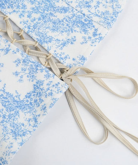Romantic Blue Toile Print Corset Top - Square Neck Lace-Up Bustier for Fall Chic