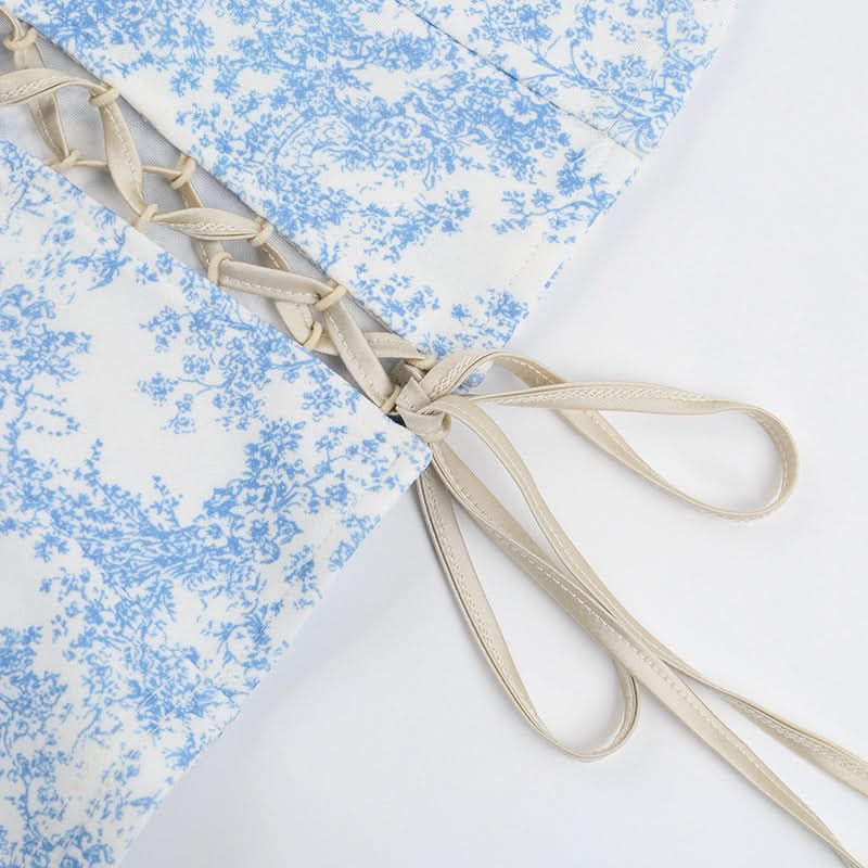 Romantic Blue Toile Print Corset Top - Square Neck Lace-Up Bustier for Fall Chic