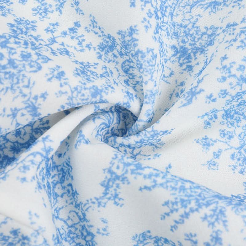 Romantic Blue Toile Print Corset Top - Square Neck Lace-Up Bustier for Fall Chic