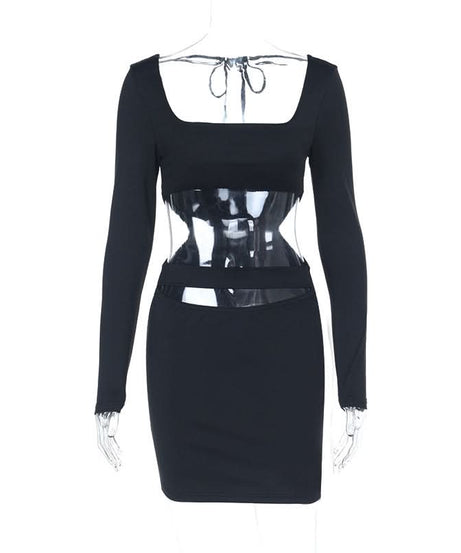 Black Long Sleeve Cut-Out Bodycon Two-Piece Set: Square Neck Crop Top & Mini Skirt - Fall Party & Night Out Ready