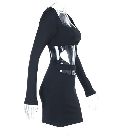 Black Long Sleeve Cut-Out Bodycon Two-Piece Set: Square Neck Crop Top & Mini Skirt - Fall Party & Night Out Ready