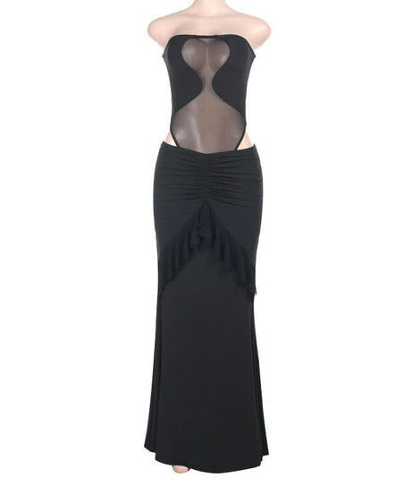 Alluring Black Mesh Cutout Maxi Dress - Strapless Ruched Ruffle for Fall & Holiday Parties