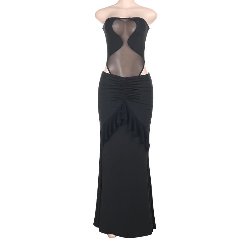 Alluring Black Mesh Cutout Maxi Dress - Strapless Ruched Ruffle for Fall & Holiday Parties