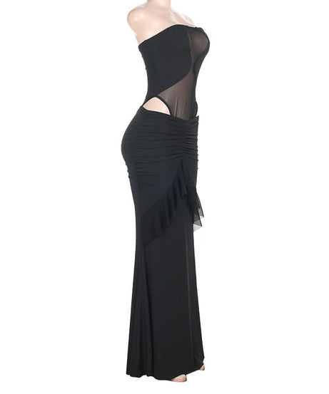 Alluring Black Mesh Cutout Maxi Dress - Strapless Ruched Ruffle for Fall & Holiday Parties