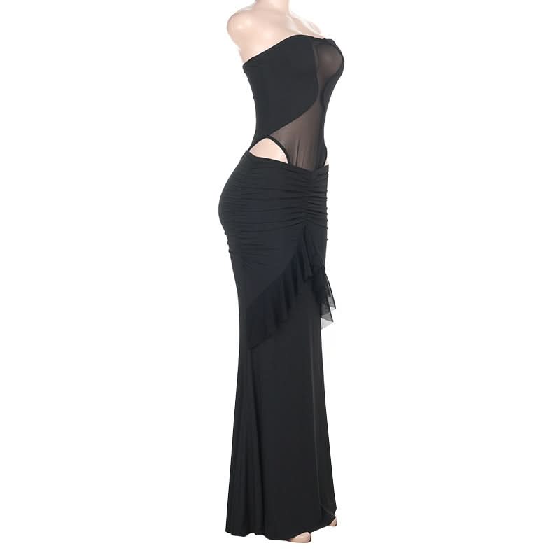 Alluring Black Mesh Cutout Maxi Dress - Strapless Ruched Ruffle for Fall & Holiday Parties
