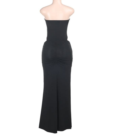 Alluring Black Mesh Cutout Maxi Dress - Strapless Ruched Ruffle for Fall & Holiday Parties