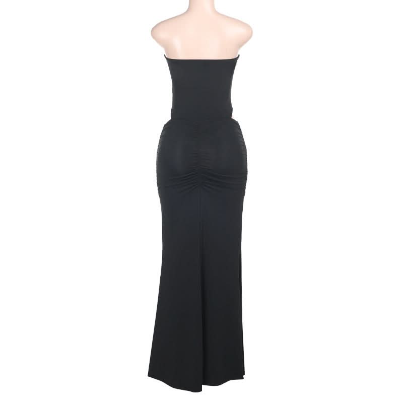 Alluring Black Mesh Cutout Maxi Dress - Strapless Ruched Ruffle for Fall & Holiday Parties