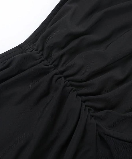 Alluring Black Mesh Cutout Maxi Dress - Strapless Ruched Ruffle for Fall & Holiday Parties