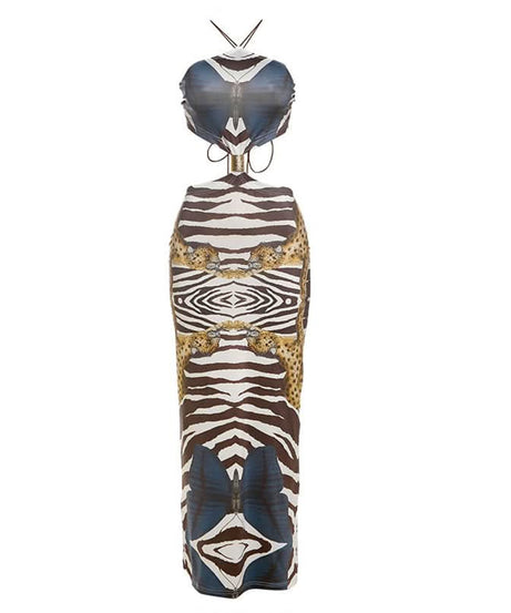 Wild Elegance Backless Maxi Dress: Exotic Zebra & Leopard Abstract Print for Fall Getaways