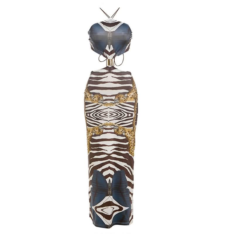 Wild Elegance Backless Maxi Dress: Exotic Zebra & Leopard Abstract Print for Fall Getaways