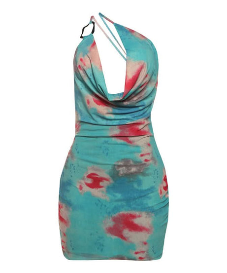 Vibrant Tie-Dye One-Shoulder Cowl Neck Mini Dress - Your Go-To for Fall Parties & Nights Out