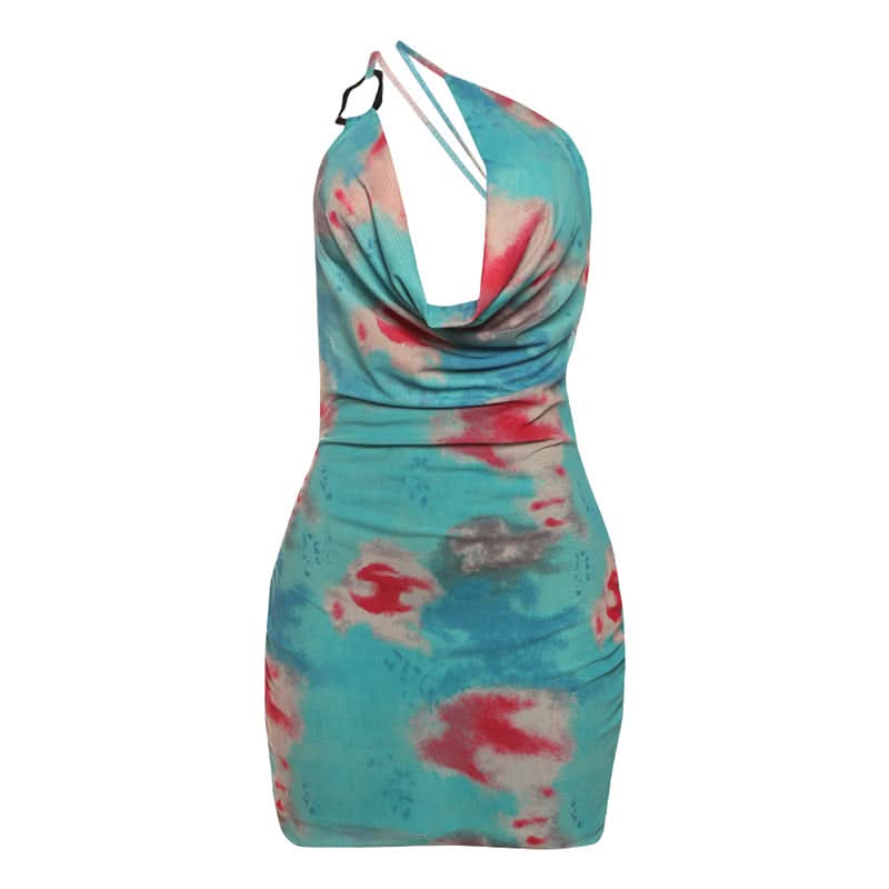 Vibrant Tie-Dye One-Shoulder Cowl Neck Mini Dress - Your Go-To for Fall Parties & Nights Out