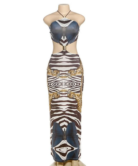Wild Elegance Backless Maxi Dress: Exotic Zebra & Leopard Abstract Print for Fall Getaways