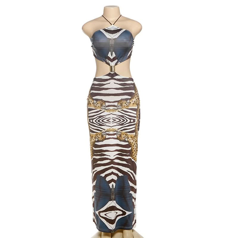 Wild Elegance Backless Maxi Dress: Exotic Zebra & Leopard Abstract Print for Fall Getaways