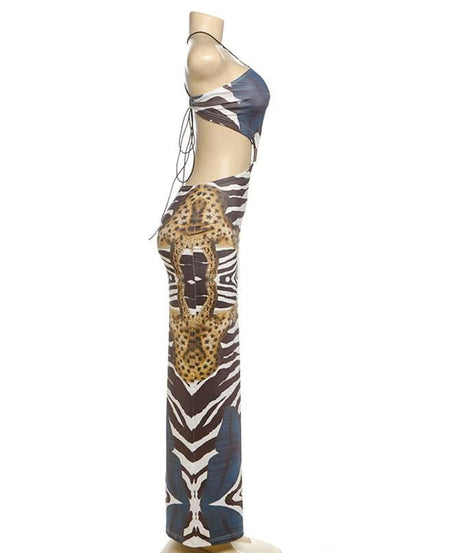 Wild Elegance Backless Maxi Dress: Exotic Zebra & Leopard Abstract Print for Fall Getaways