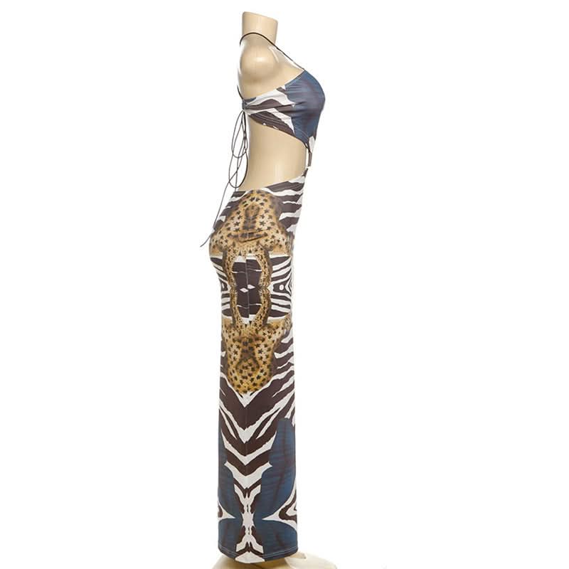 Wild Elegance Backless Maxi Dress: Exotic Zebra & Leopard Abstract Print for Fall Getaways