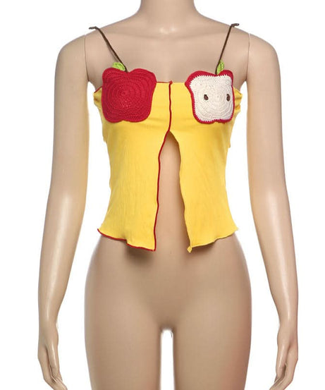 Playful Crochet Apple & Character Ribbed Cami Top | Y2K Fall Layering Essential