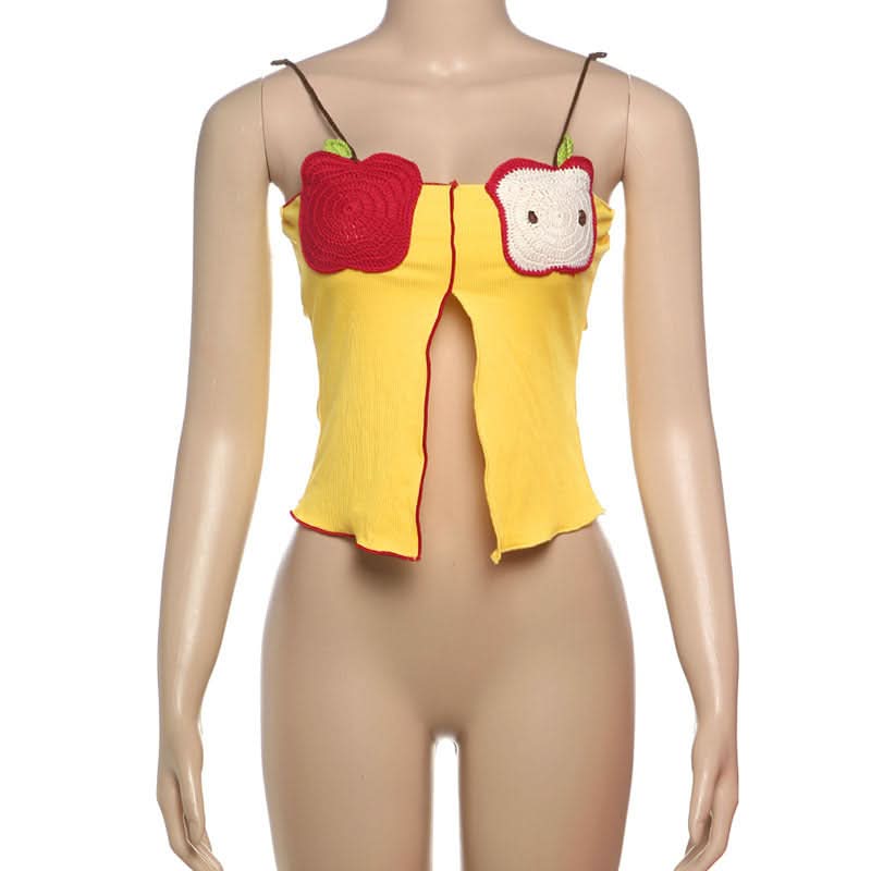 Playful Crochet Apple & Character Ribbed Cami Top | Y2K Fall Layering Essential