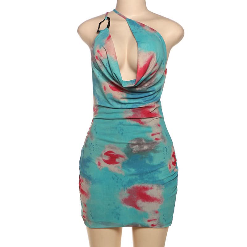 Vibrant Tie-Dye One-Shoulder Cowl Neck Mini Dress - Your Go-To for Fall Parties & Nights Out