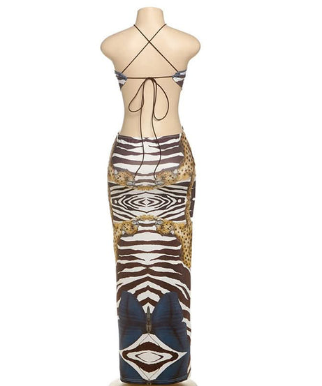Wild Elegance Backless Maxi Dress: Exotic Zebra & Leopard Abstract Print for Fall Getaways