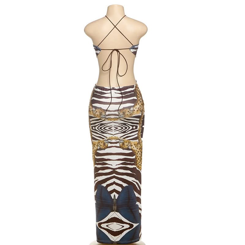 Wild Elegance Backless Maxi Dress: Exotic Zebra & Leopard Abstract Print for Fall Getaways