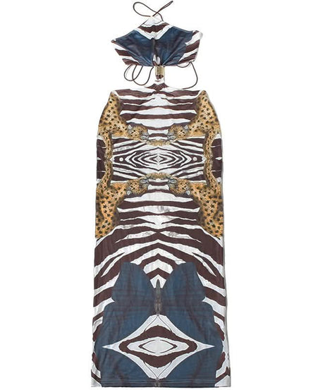 Wild Elegance Backless Maxi Dress: Exotic Zebra & Leopard Abstract Print for Fall Getaways