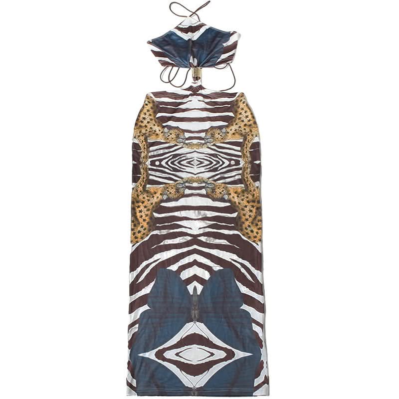 Wild Elegance Backless Maxi Dress: Exotic Zebra & Leopard Abstract Print for Fall Getaways