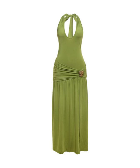 Effortless Evergreen Elegance: Ruched Halter Maxi Dress for Fall & Holiday Soirees