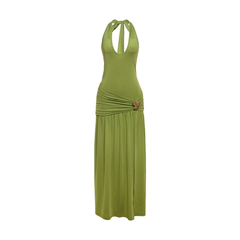 Effortless Evergreen Elegance: Ruched Halter Maxi Dress for Fall & Holiday Soirees