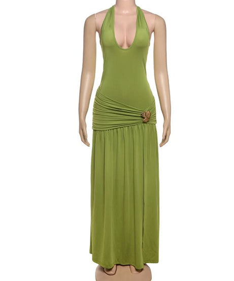 Effortless Evergreen Elegance: Ruched Halter Maxi Dress for Fall & Holiday Soirees