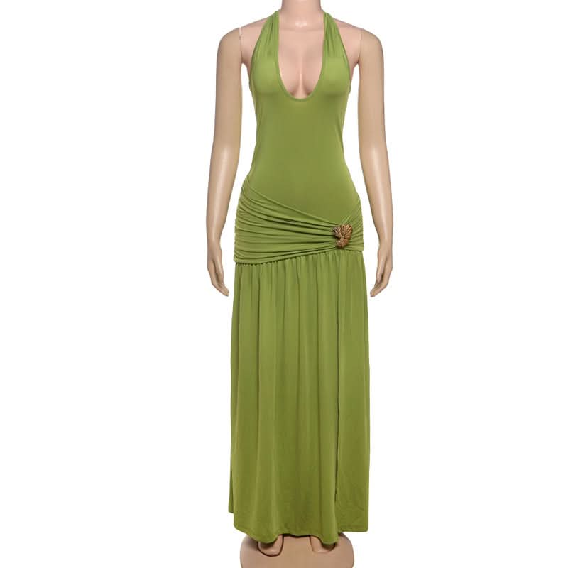 Effortless Evergreen Elegance: Ruched Halter Maxi Dress for Fall & Holiday Soirees