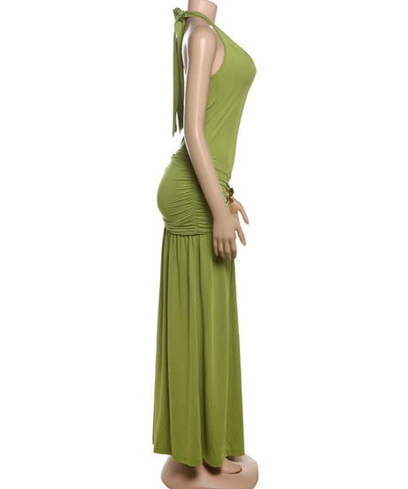 Effortless Evergreen Elegance: Ruched Halter Maxi Dress for Fall & Holiday Soirees