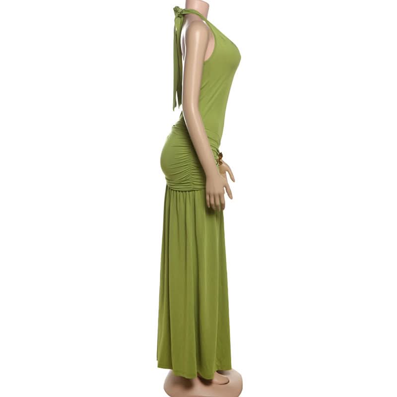 Effortless Evergreen Elegance: Ruched Halter Maxi Dress for Fall & Holiday Soirees