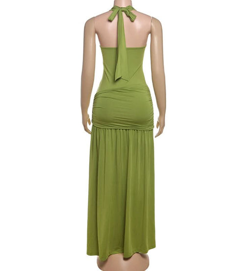 Effortless Evergreen Elegance: Ruched Halter Maxi Dress for Fall & Holiday Soirees