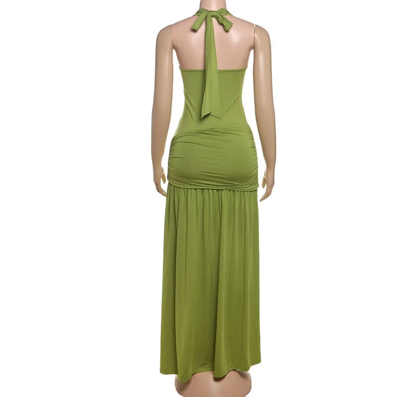 Effortless Evergreen Elegance: Ruched Halter Maxi Dress for Fall & Holiday Soirees
