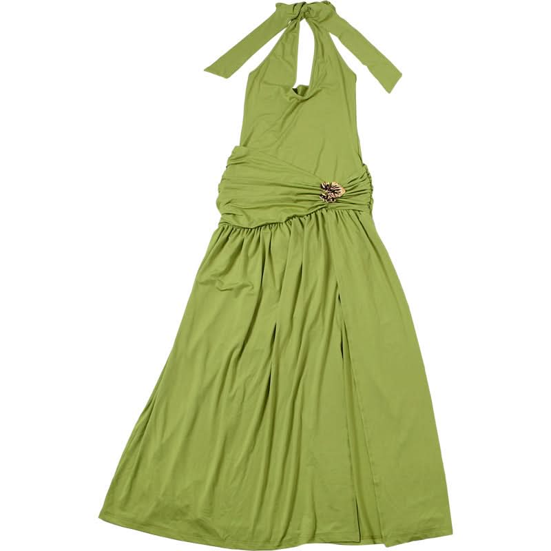Effortless Evergreen Elegance: Ruched Halter Maxi Dress for Fall & Holiday Soirees