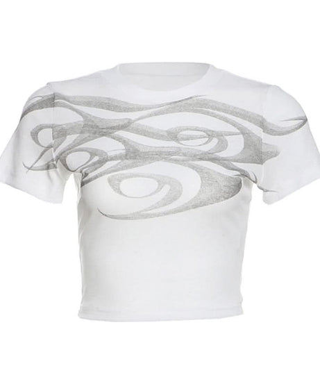 Abstract Wave Print Slim Fit Crop Top - Y2K Style for Effortless Fall Fashion