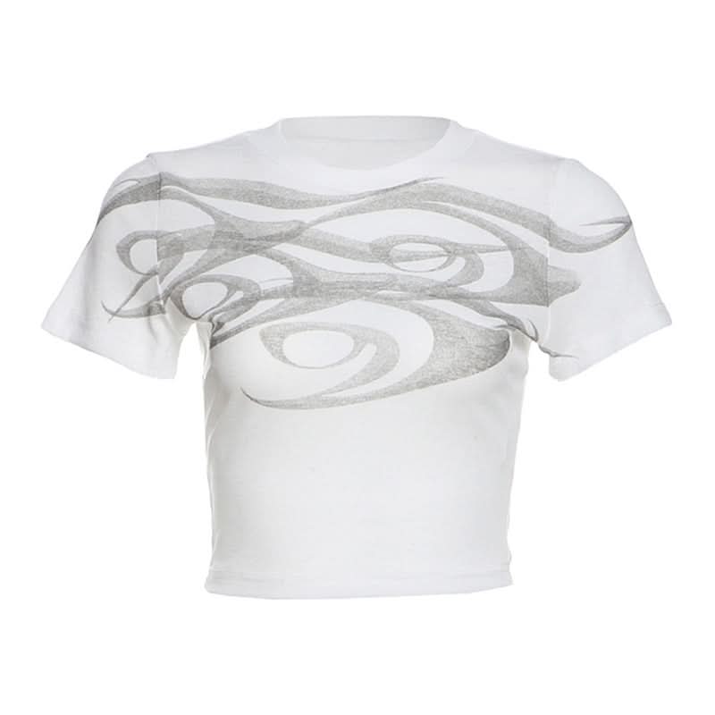 Abstract Wave Print Slim Fit Crop Top - Y2K Style for Effortless Fall Fashion