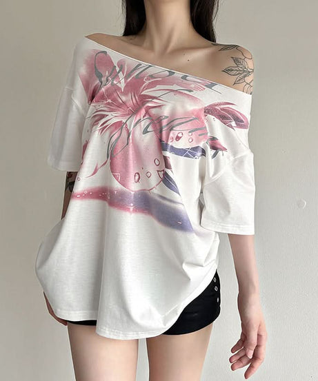 Fall Bloom Oversized Off-Shoulder Tee | Chic Abstract Floral Graphic Top