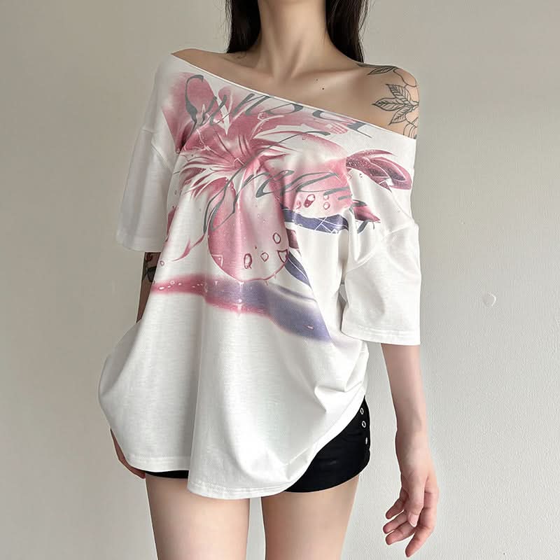 Fall Bloom Oversized Off-Shoulder Tee | Chic Abstract Floral Graphic Top